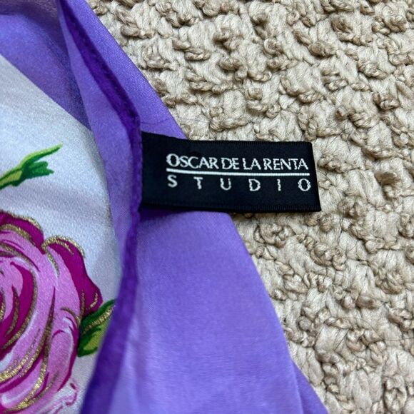 Vintage Oscar de la Renta Studio Purple and White Floral Silk Scarf Square - Picture 4 of 10